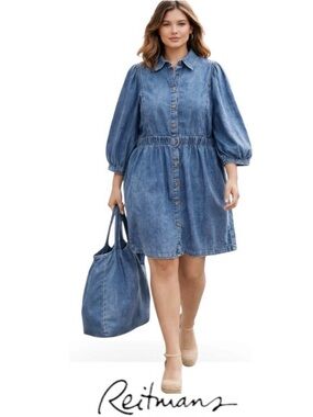 3X Denim Mini Dress with Balloon Sleeves, 100%Cotton, Reitmans